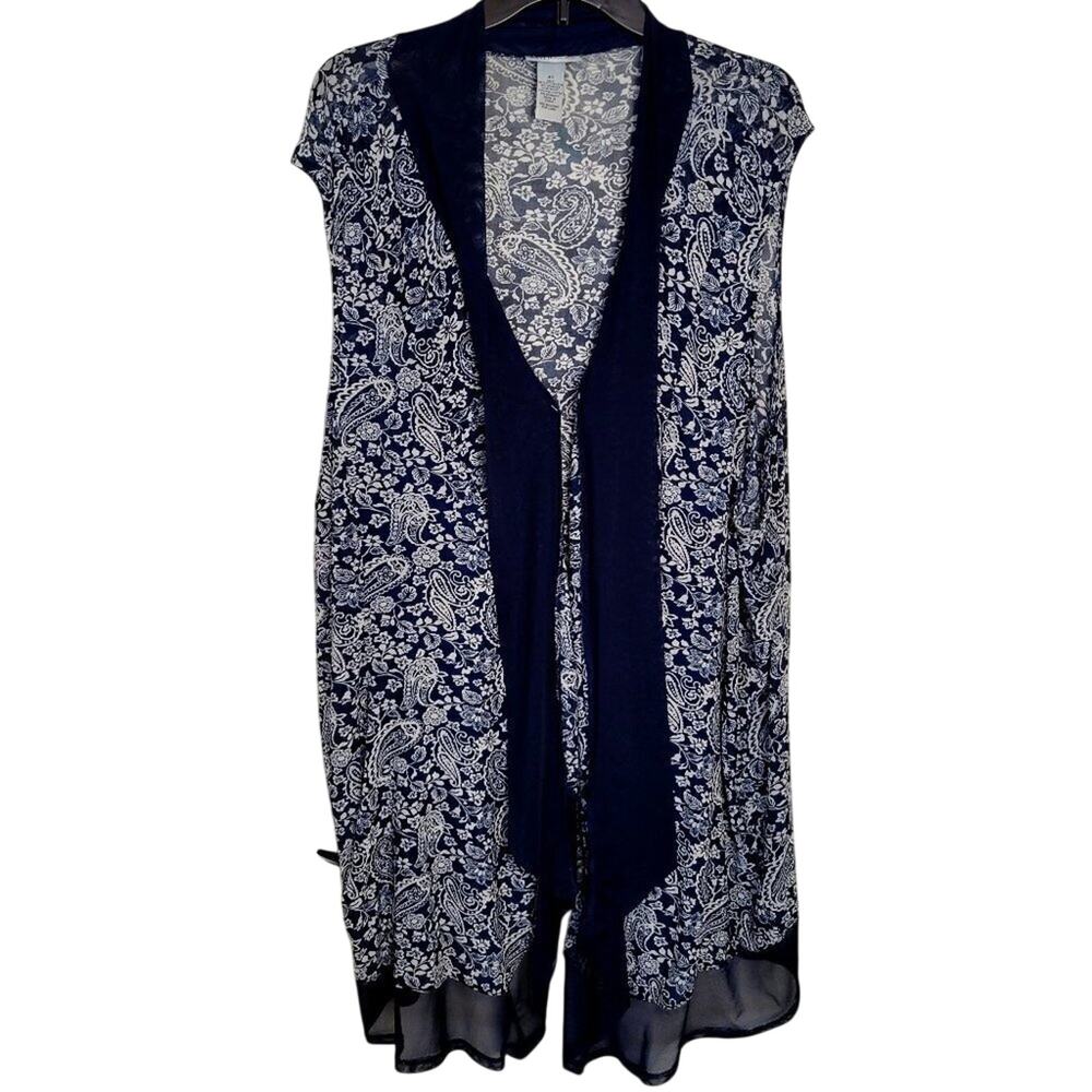 Catherines Navy & White Paisley Sleeveless Open-Front Kimono Vest 4X